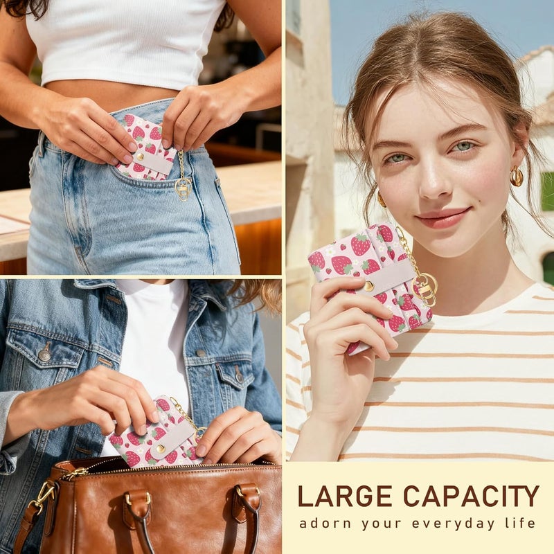 Jogjam Strawberry Rfid Girls Girly Teen Wallet, Small Slim Thin Compact Travel Credit Card Women Wallet, Cute PU Leather Bifold Cash Zipper Coin Pocket ID Window for Female Ladies Gifts - Image 2